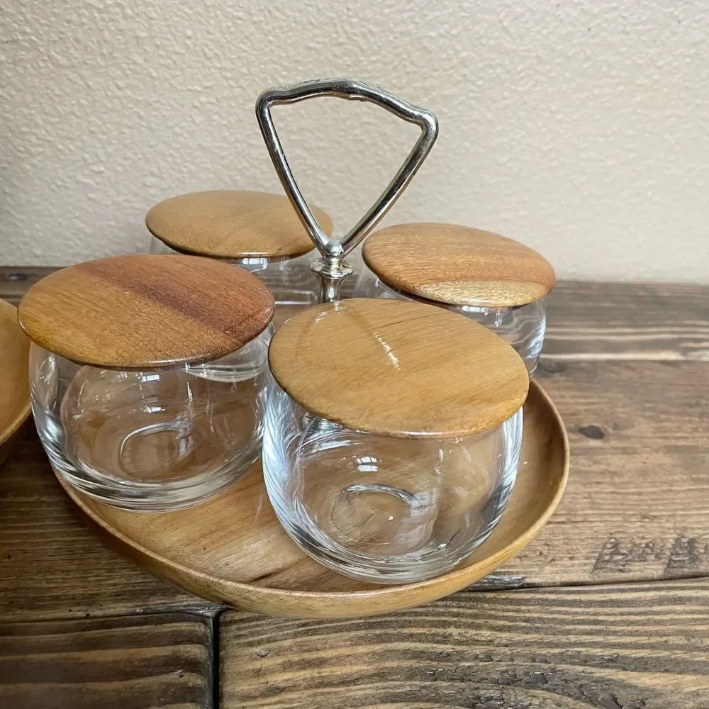 MCM Myrtlewood Vintage Condiment Set with Two Tiered Myrtlewood Snack Service